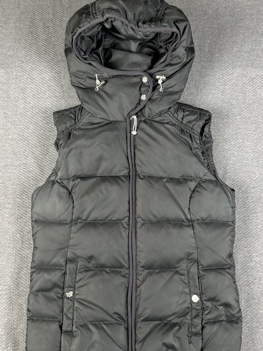 Women's Eddie Bauer Black Quilted Puffer Hooded Vest 650 Premium Goose Down XS